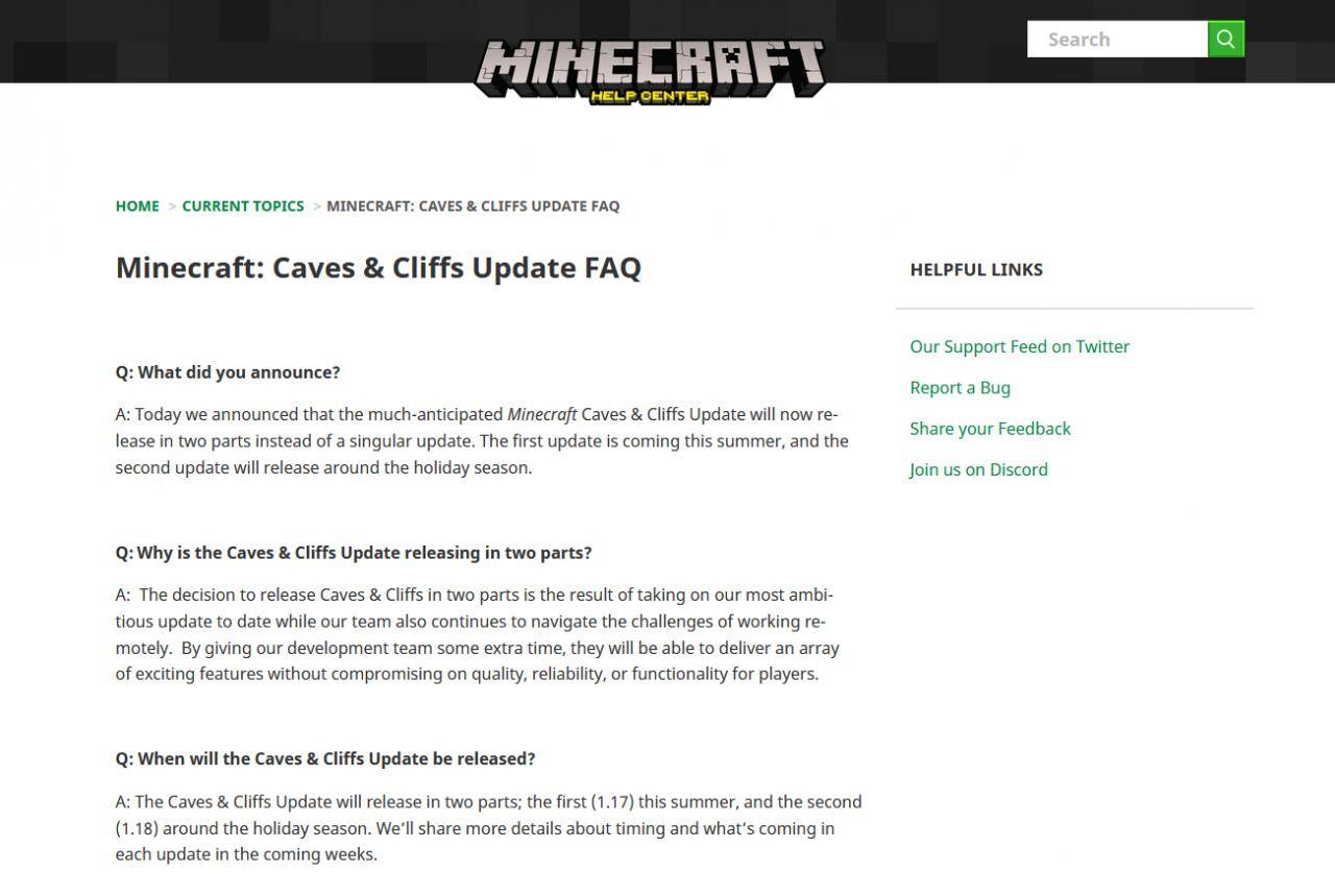 Minecraft official website that "caves and cliffs" will be split into 1.17 and 1.18 version update