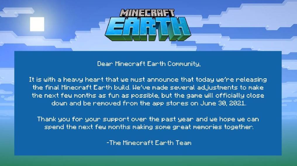 Mojang announced that Minecraft Earth will stop operation in June 2021
